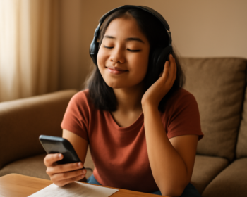 Pemuda menikmati musik sambil membaca lirik lagu di sofa