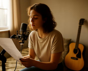 Penyanyi pemula berlatih menyanyikan lagu sambil membaca lirik yang sudah ditandai
