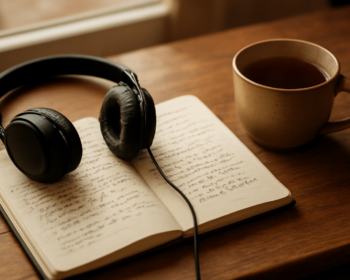 Buku catatan berisi lirik lagu, headphone, dan cangkir teh di atas meja kayu