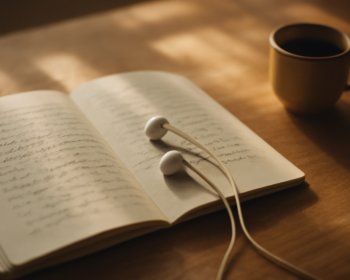Earphone dan buku catatan berisi lirik lagu di atas meja kayu saat sore hari