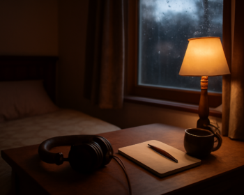 Headphone dan buku catatan di meja kayu dekat jendela, suasana mendengarkan lagu patah hati