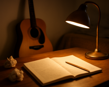 Meja dengan buku catatan penuh coretan lirik, pensil, dan gitar akustik untuk latihan menulis lirik lagu