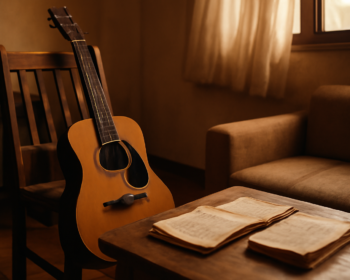 Gitar akustik dan buku catatan lirik di ruang tamu sederhana, suasana hangat untuk memahami makna lagu persahabatan