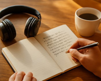 Tangan menulis catatan lirik lagu di buku dengan headphone dan kopi di atas meja kayu