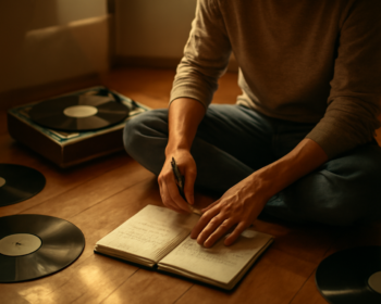 Seseorang membaca catatan lirik lagu sambil mendengarkan musik di ruangan dengan cahaya sore