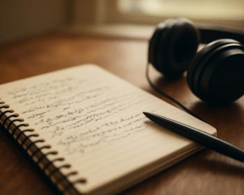 Buku catatan terbuka dengan tulisan tangan lirik lagu dan headphone di meja kayu